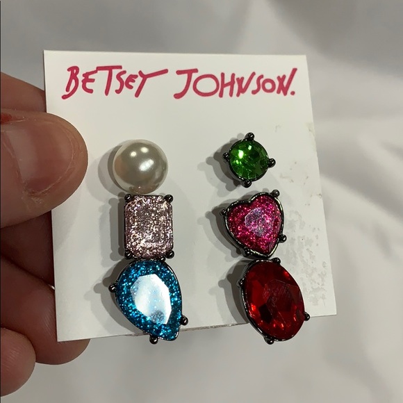 BETSEY JOHNSON 6 “Gemstone” SINGLE POST EARRINGS! Mismatch Glitter Crystal Pearl - Picture 3 of 3